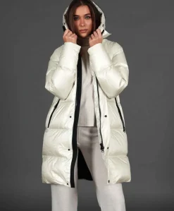Donna D'Arienzo Dora - Giaccone lungo in vera piuma colore beige da ripiegare a zaino
