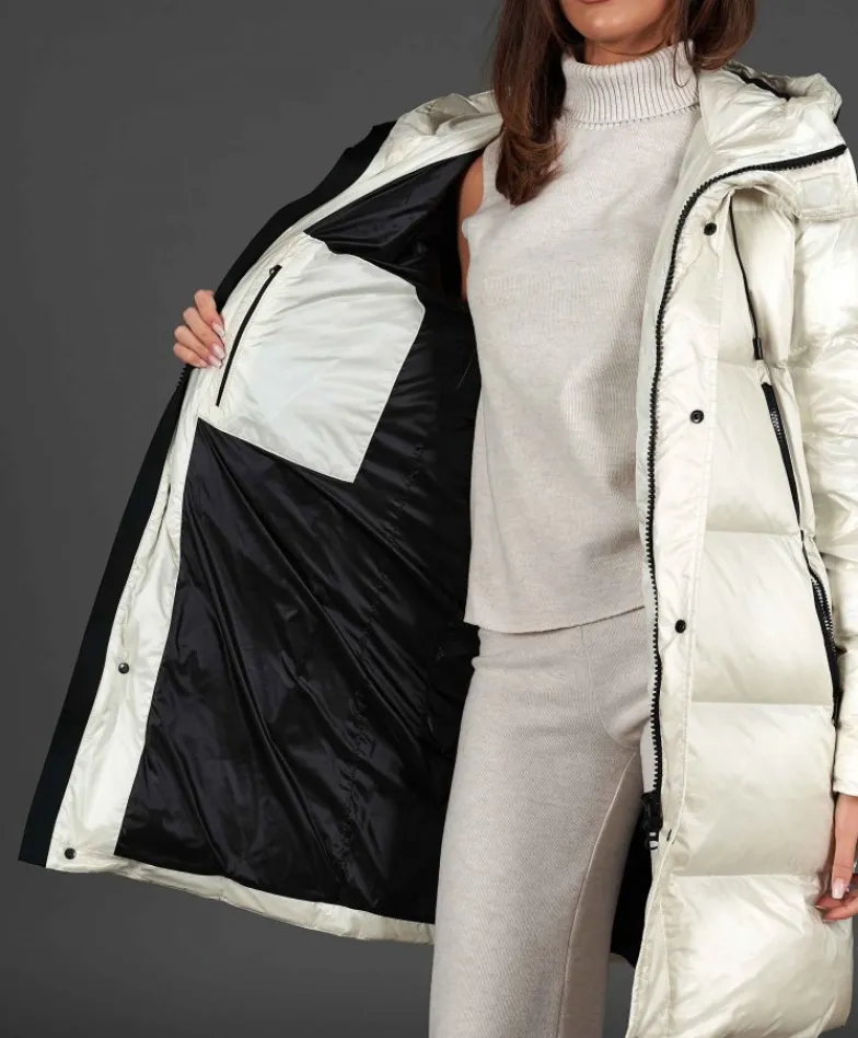 Donna D'Arienzo Dora - Giaccone lungo in vera piuma colore beige da ripiegare a zaino