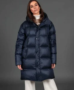 Donna D'Arienzo Dora - Giaccone lungo in vera piuma colore blu da ripiegare a zaino
