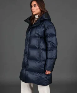 Donna D'Arienzo Dora - Giaccone lungo in vera piuma colore blu da ripiegare a zaino