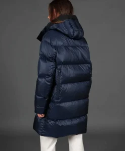 Donna D'Arienzo Dora - Giaccone lungo in vera piuma colore blu da ripiegare a zaino