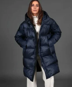 Donna D'Arienzo Dora - Giaccone lungo in vera piuma colore blu da ripiegare a zaino