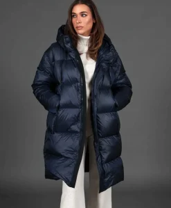 Donna D'Arienzo Dora - Giaccone lungo in vera piuma colore blu da ripiegare a zaino