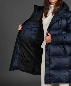 Donna D'Arienzo Dora - Giaccone lungo in vera piuma colore blu da ripiegare a zaino