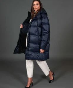 Donna D'Arienzo Dora - Giaccone lungo in vera piuma colore blu da ripiegare a zaino