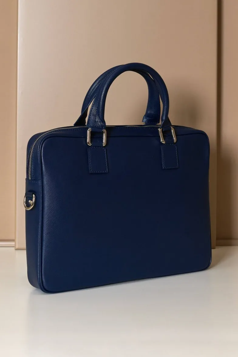 D'Arienzo Dylan - Borsa Ventiquattrore in pelle di vitello blu scuro saffiano tasca zip