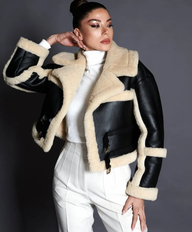 Donna D'Arienzo Ella - Chiodo corto in Montone Shearling nero versione oversize