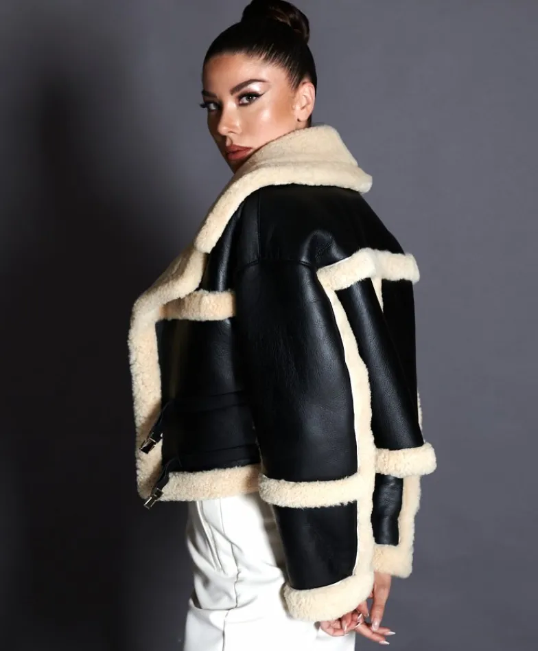 Donna D'Arienzo Ella - Chiodo corto in Montone Shearling nero versione oversize