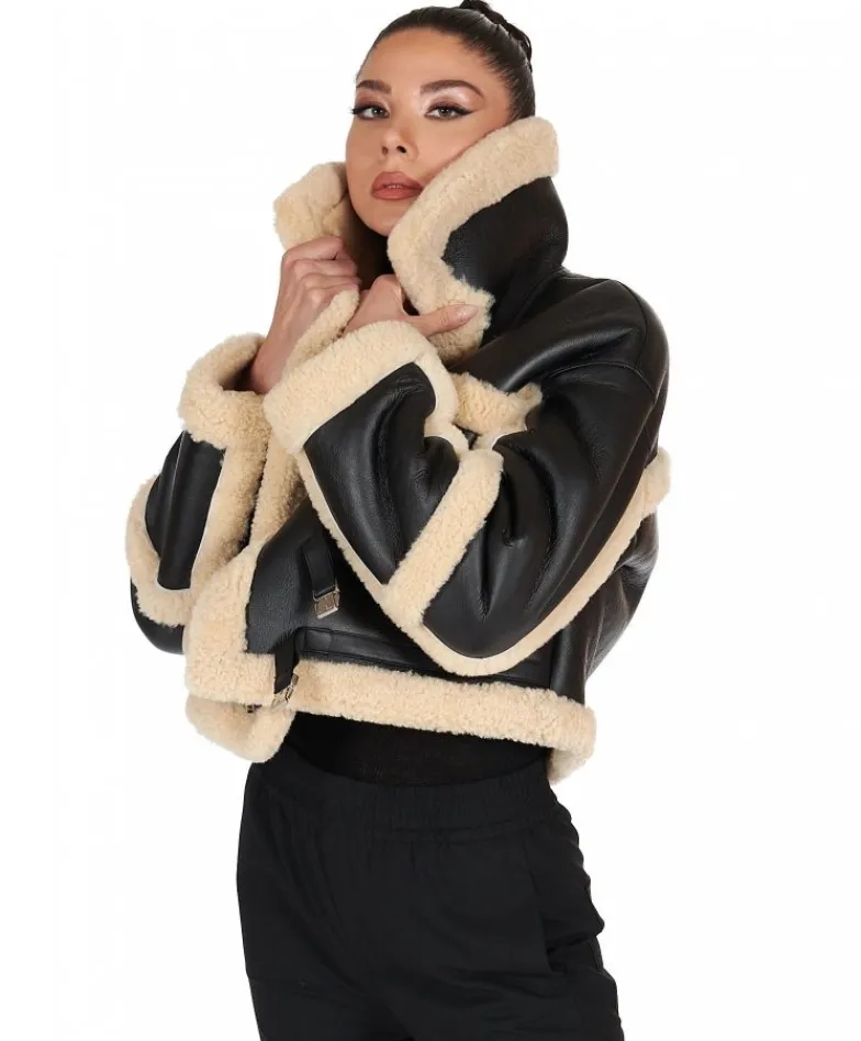 Donna D'Arienzo Ella - Chiodo corto in Montone Shearling nero versione oversize