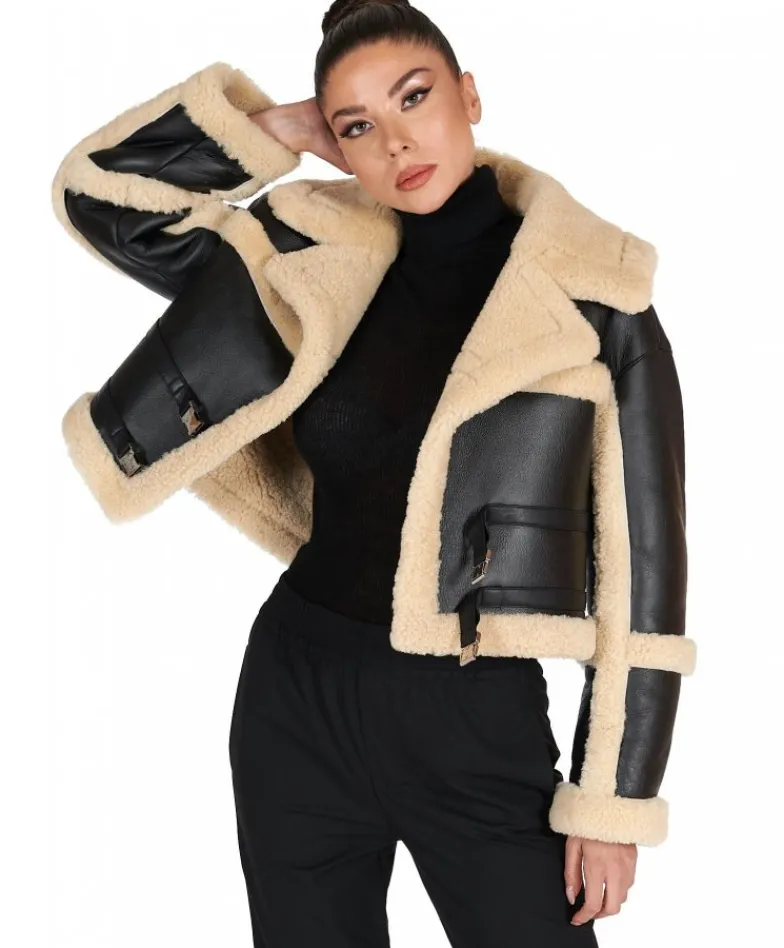Donna D'Arienzo Ella - Chiodo corto in Montone Shearling nero versione oversize