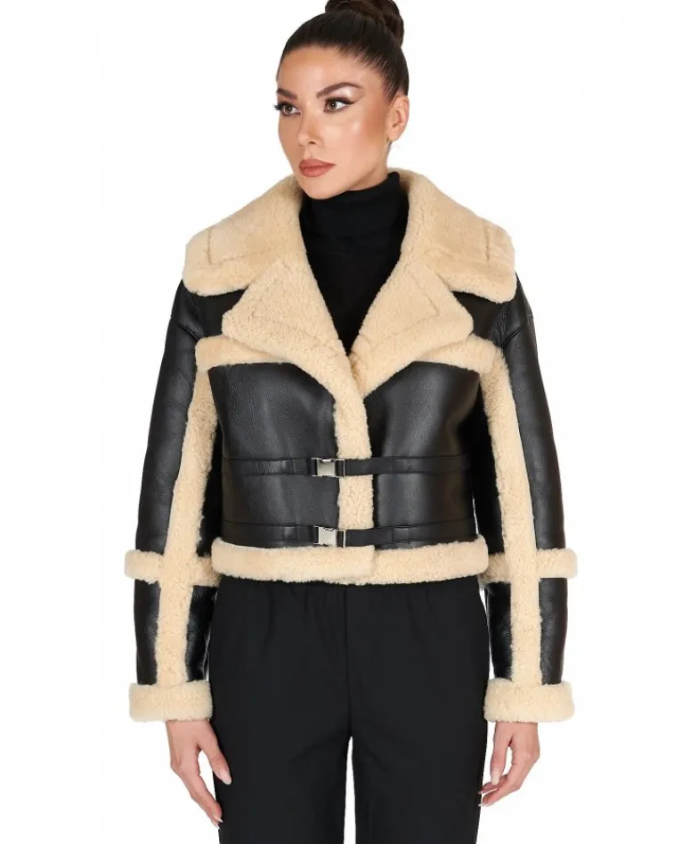 Donna D'Arienzo Ella - Chiodo corto in Montone Shearling nero versione oversize