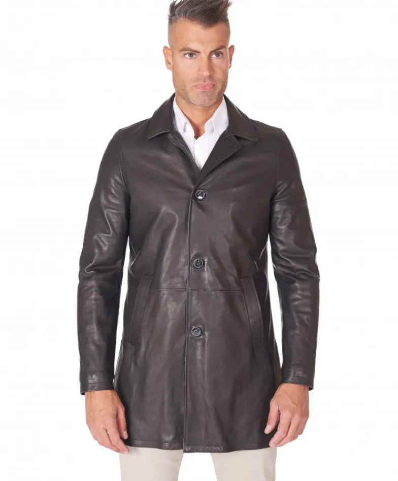 Uomo D'Arienzo Elvis - Cappotto in pelle nera nappa effetto liscio collo giacca