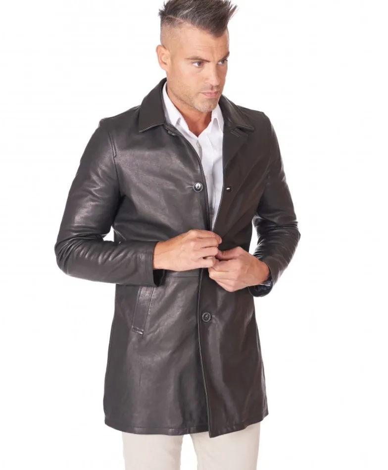 Uomo D'Arienzo Elvis - Cappotto in pelle nera nappa effetto liscio collo giacca