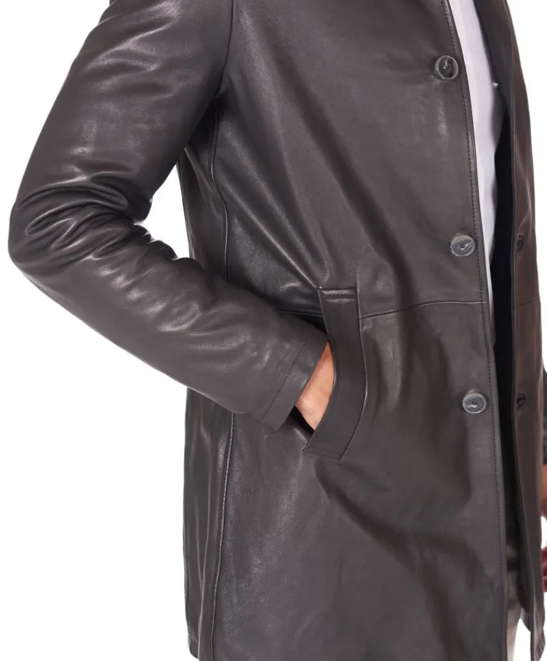 Uomo D'Arienzo Elvis - Cappotto in pelle nera nappa effetto liscio collo giacca