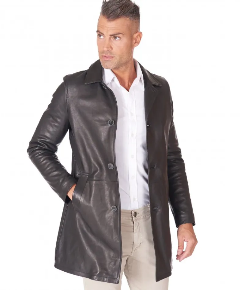 Uomo D'Arienzo Elvis - Cappotto in pelle nera nappa effetto liscio collo giacca