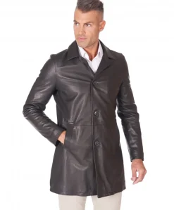 Uomo D'Arienzo Elvis - Cappotto in pelle nera nappa effetto liscio collo giacca