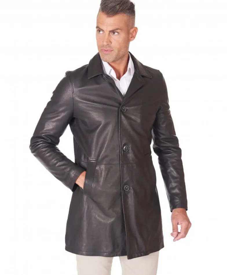 Uomo D'Arienzo Elvis - Cappotto in pelle nera nappa effetto liscio collo giacca