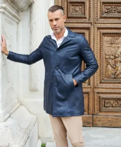 Uomo D'Arienzo Elvis - Cappotto in pelle blu effetto liscio collo giacca