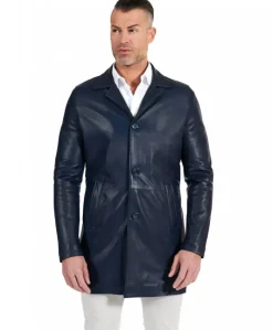 Uomo D'Arienzo Elvis - Cappotto in pelle blu effetto liscio collo giacca