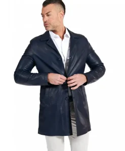 Uomo D'Arienzo Elvis - Cappotto in pelle blu effetto liscio collo giacca