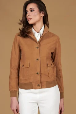 Donna D'Arienzo Faty - Bomber in pelle camoscio beige con bottoni