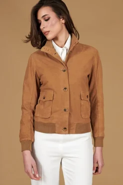 Donna D'Arienzo Faty - Bomber in pelle camoscio beige con bottoni
