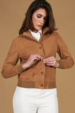 Donna D'Arienzo Faty - Bomber in pelle camoscio beige con bottoni