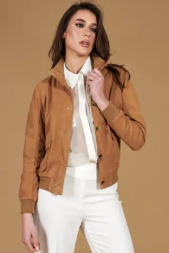 Donna D'Arienzo Faty - Bomber in pelle camoscio beige con bottoni