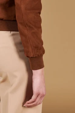 Donna D'Arienzo Faty - Bomber in pelle camoscio color cuoio con bottoni