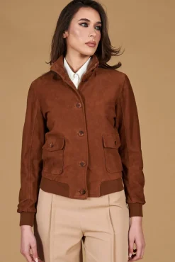 Donna D'Arienzo Faty - Bomber in pelle camoscio color cuoio con bottoni