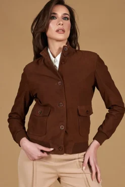 Donna D'Arienzo Faty - Bomber in pelle camoscio marrone con bottoni