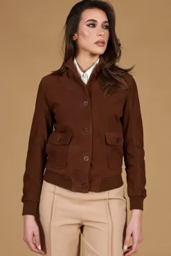 Donna D'Arienzo Faty - Bomber in pelle camoscio marrone con bottoni