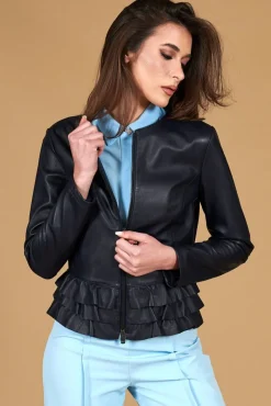 Donna D'Arienzo F105BL - Giacca in pelle blu con balze nappa effetto liscio