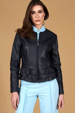 Donna D'Arienzo F105BL - Giacca in pelle blu con balze nappa effetto liscio