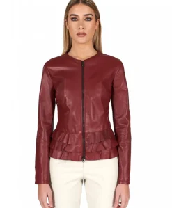 Donna D'Arienzo F105BL - Giacca in pelle bordeaux con balze nappa effetto liscio