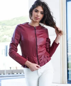 Donna D'Arienzo F105BL - Giacca in pelle bordeaux con balze nappa effetto liscio