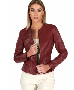 Donna D'Arienzo F105BL - Giacca in pelle bordeaux con balze nappa effetto liscio