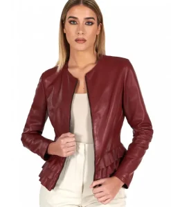 Donna D'Arienzo F105BL - Giacca in pelle bordeaux con balze nappa effetto liscio