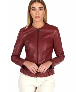 Donna D'Arienzo F105BL - Giacca in pelle bordeaux con balze nappa effetto liscio