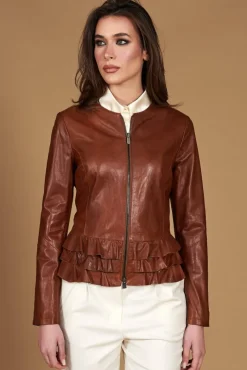 Donna D'Arienzo F105BL - Giacca in pelle cuoio con balze effetto vintage