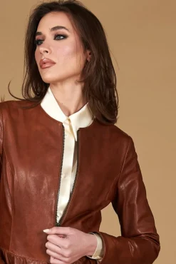Donna D'Arienzo F105BL - Giacca in pelle cuoio con balze effetto vintage