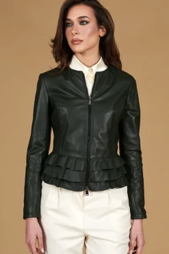 Donna D'Arienzo F105BL - Giacca in pelle naturale verde con balze effetto liscio