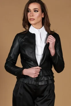 Donna D'Arienzo F105BL - Giacca in pelle nera con balze nappa effetto liscio