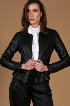 Donna D'Arienzo F105BL - Giacca in pelle nera con balze nappa effetto liscio