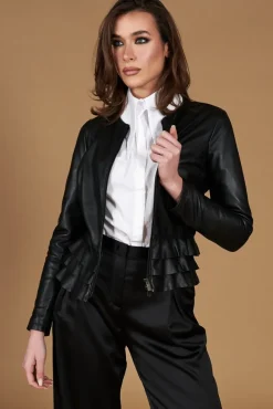 Donna D'Arienzo F105BL - Giacca in pelle nera con balze nappa effetto liscio