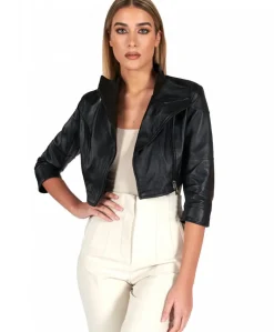 Donna D'Arienzo Fiamma - Bolero in pelle nera nappa effetto liscio