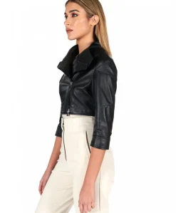 Donna D'Arienzo Fiamma - Bolero in pelle nera nappa effetto liscio