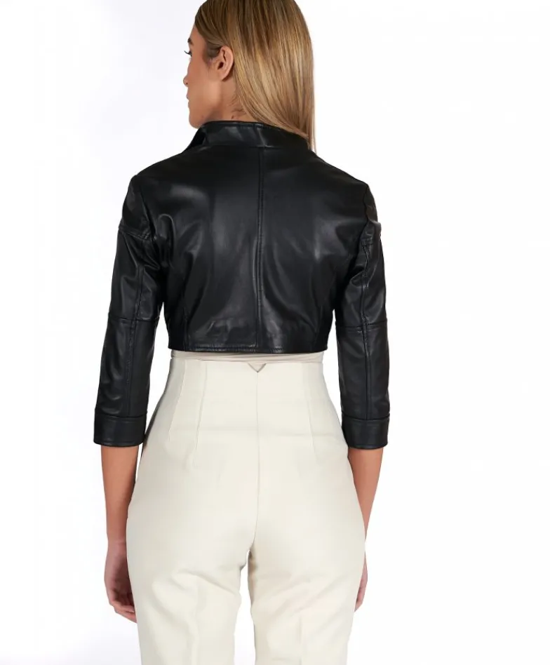 Donna D'Arienzo Fiamma - Bolero in pelle nera nappa effetto liscio