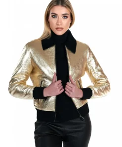 Donna D'Arienzo G155 - Bomber in montone color oro laminato effetto liscio