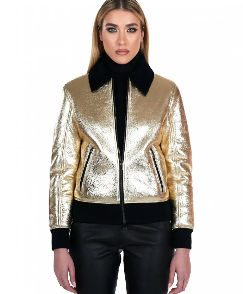 Donna D'Arienzo G155 - Bomber in montone color oro laminato effetto liscio